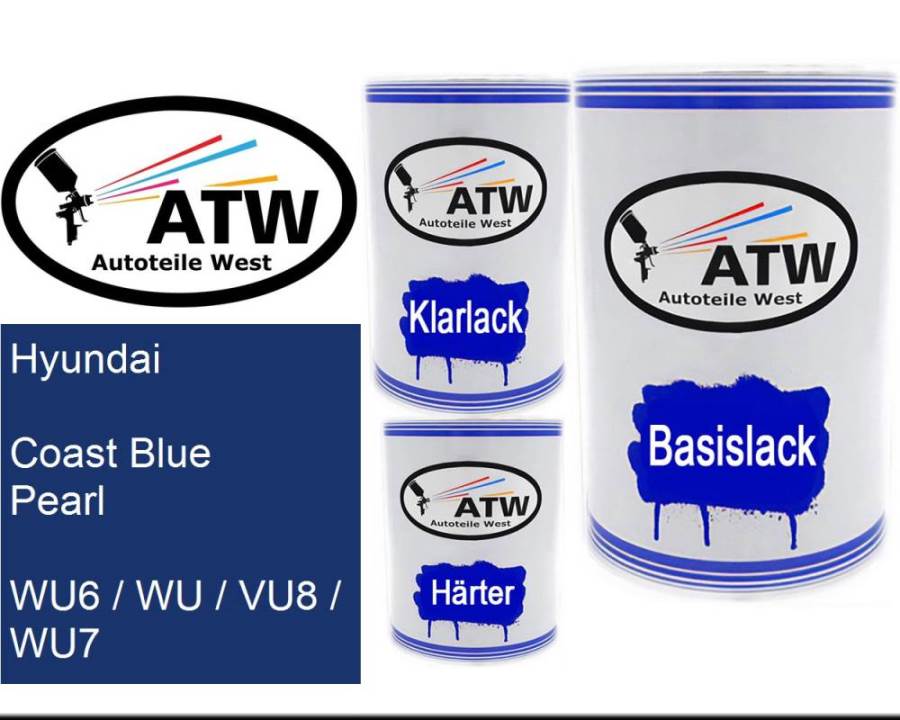 Hyundai, Coast Blue Pearl, WU6 / WU / VU8 / WU7: 500ml Lackdose + 500ml Klarlack + 250ml Härter - Set, von ATW Autoteile West.